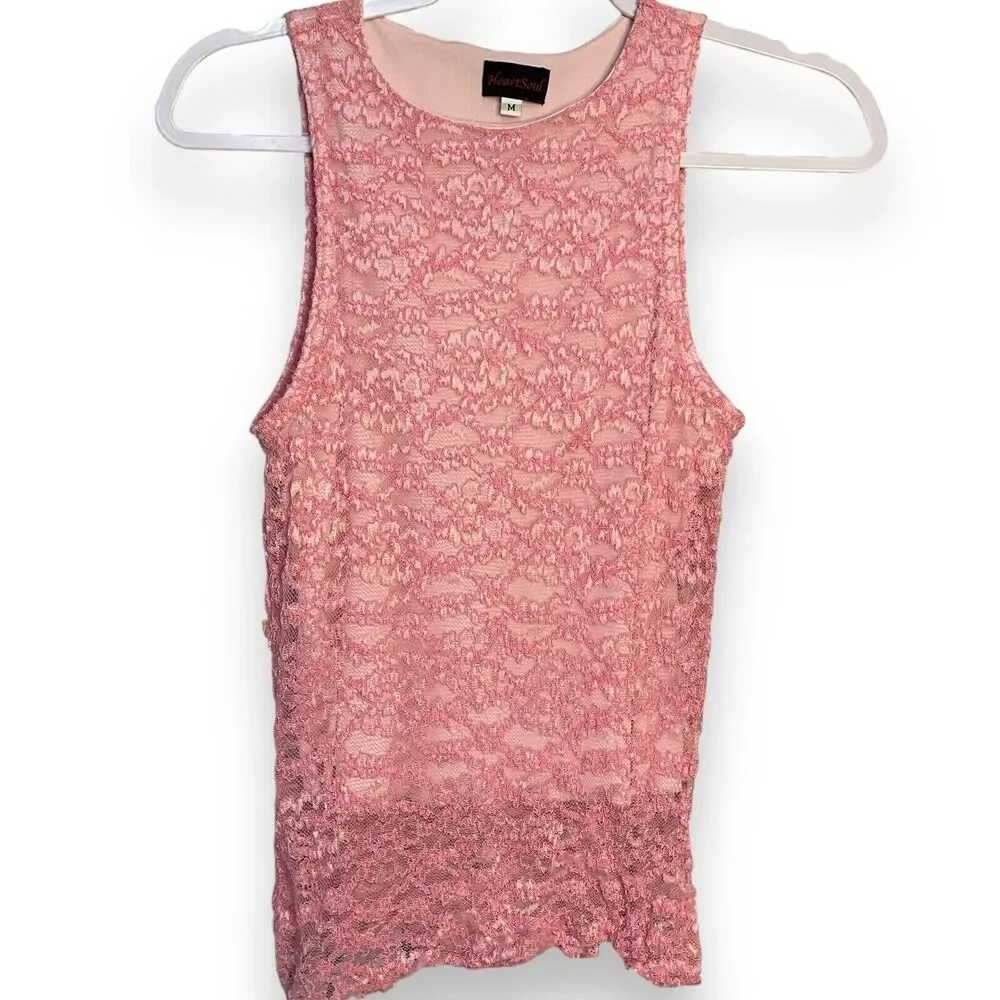 HeartSoul Tank Top Women's Medium Pink Floral Lace VTG Casual Lined Barbiecore